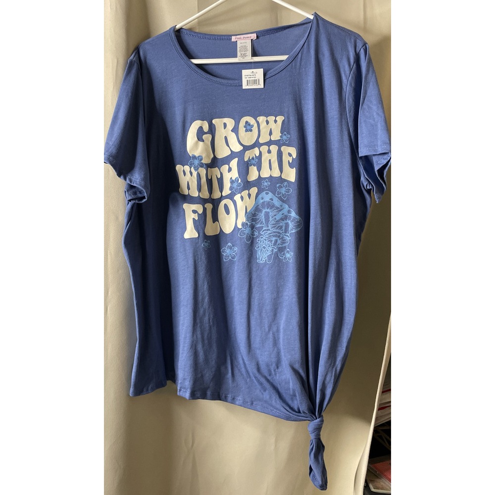 Pink Peony Women 2X T-Shirt Blue Grow With The Flow Graphic Mushroom Tie Hem NEW
